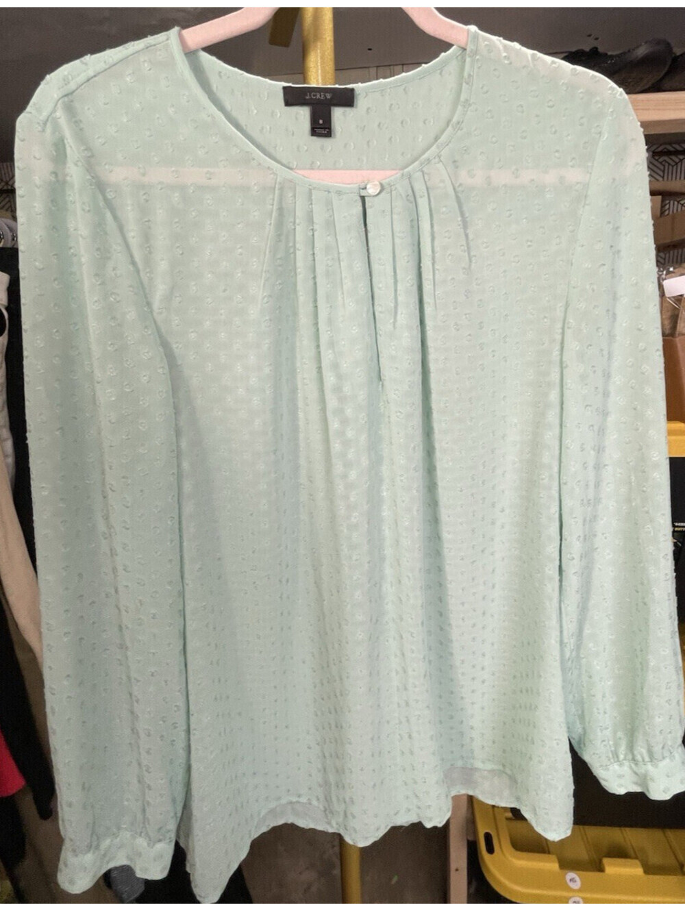 J. Crew Mint Green Swiss Dot Long Sleeve Keyhole Semi Sheer Blouse Top Sz 8